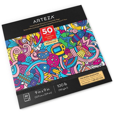 Arteza Adult Coloring Book, Doodle Illustrations, 9x9 - 50 Sheets