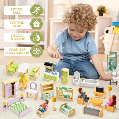 Etokfoks 36pcs Wooden Dollhouse Furniture Set Miniature Accessories for 5 Rooms Pretend Play with 4 Poseable Dolls for Kids Ages 3-8 — фото 5