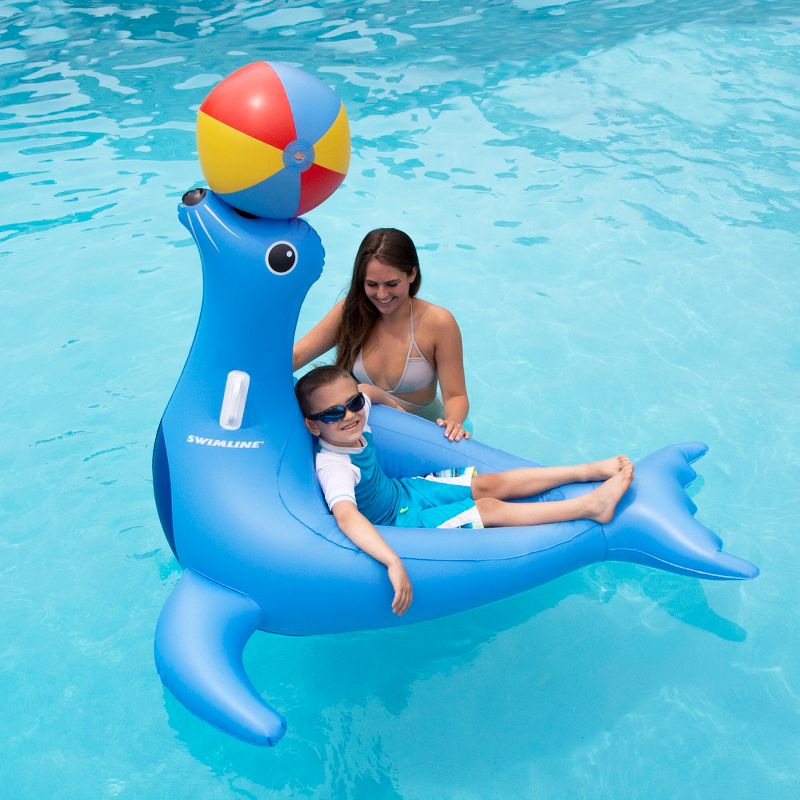 Swimline 63.5” Blue Sea Lion with Ball Ride-On Swimming Pool Inflatable Raft, 3 of 4