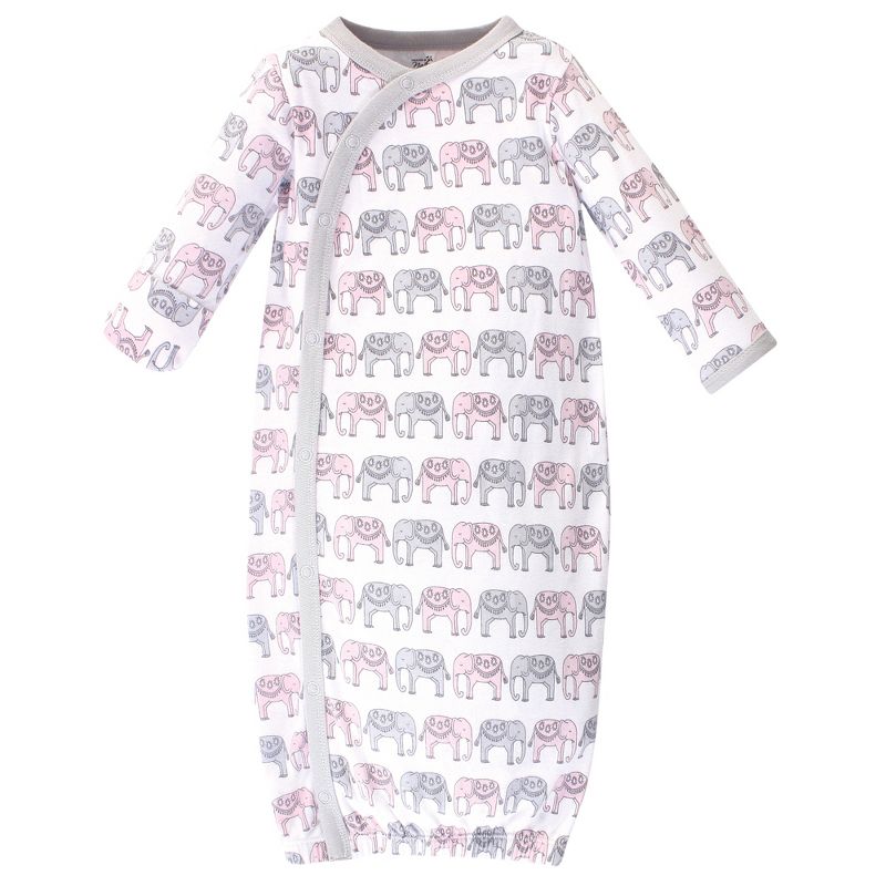 Touched by Nature Baby Girl Organic Cotton Side-Closure Snap Long-Sleeve Gowns 3pk, Pink Gray Elephant, 2 of 5