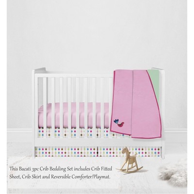 Bacati - Botanical Floral Birds Pink Multicolor 3 pc Crib Bedding Set