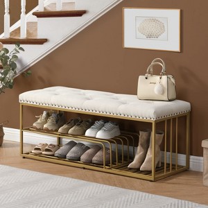 Aoibox Linen Storage Bench with Tufted Seat, Gold Metal Frame Ottoman for Entryway, Bedroom, Living Room, Beige - 1 of 4