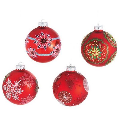 Ganz 4ct Dazzling Red Snowflake Glass Christmas Ball Ornaments 3.5" (90mm)