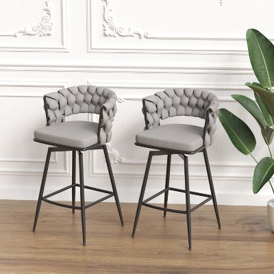 Swivel Barstools Set of 2, Counter Stool with Back Footrest, Woven Bar Stools w/ Metal Legs, Kitchen Island Chair, Gray