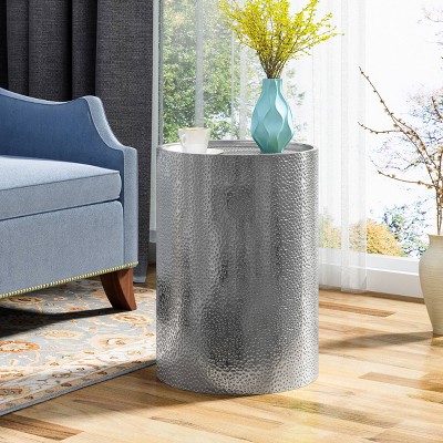 Elegant Silver Hammered Iron Round Accent Table