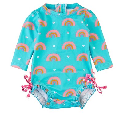 Image of RuffleButts Baby Girls UPF50+ Long Sleeve One Piece Rash Guard - Catching Rainbows, 6-12m