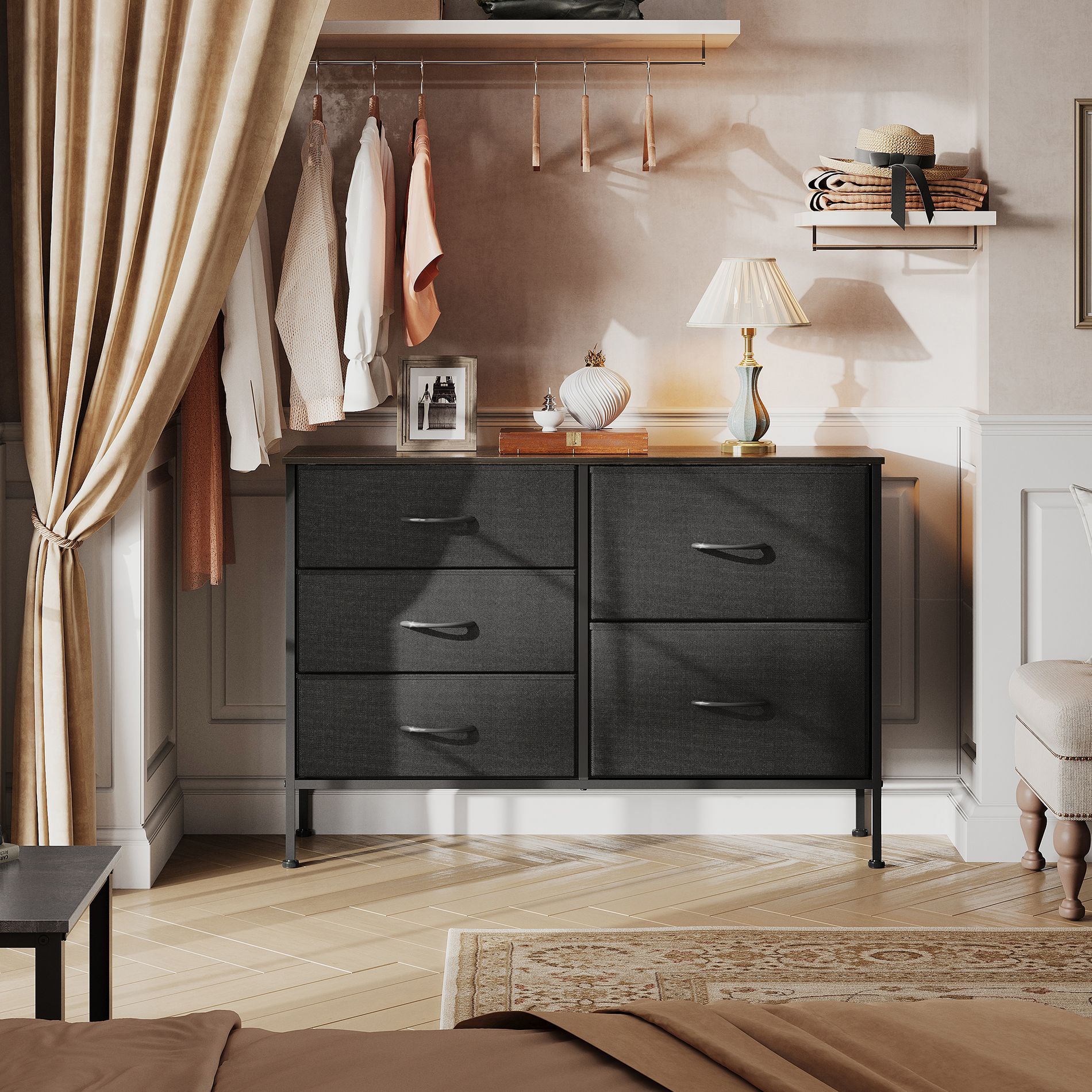 Dresser with 5 Drawers, Wide Fabric Storage Chest for Bedroom, Living Room, Closet, Charcoal Black