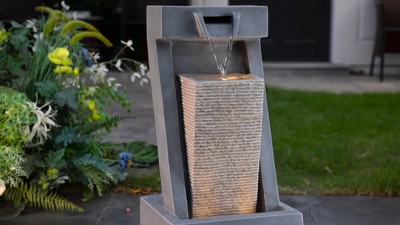 Gray Resin 2-Column Sculpture Outdoor Fountain with LED Lights