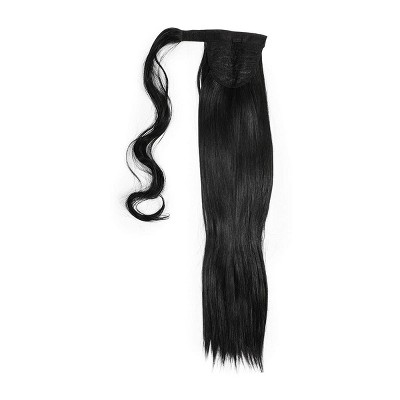 Glamlily Ponytail Hair Extensions, Long Straight Synthetic Hairpiece with Wrap Around Clip for Women, Black