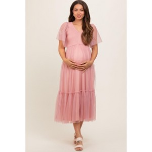 Pinkblush Mauve Dotted Tulle Smocked Maternity Midi Dress - 1 of 4