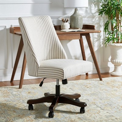 Beige Stripe Armless Swivel Desk Chair with Wooden Base