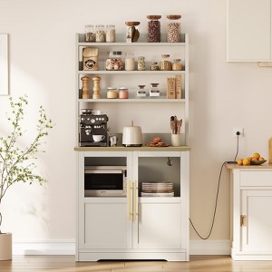 Bakers Rack With Storage Cabinet - Microwave Stand With Power Outlets, Farmhouse Rack With Thick Table Top, Small Pantry for Kitchen, Dining Room - 1 of 4