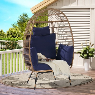 Grid Style Wicker Weaving Patio Egg Chair With Natural Color Rattan And Cushion,Basket Shape Egg Chair With Metal Legs -Maison Boucle