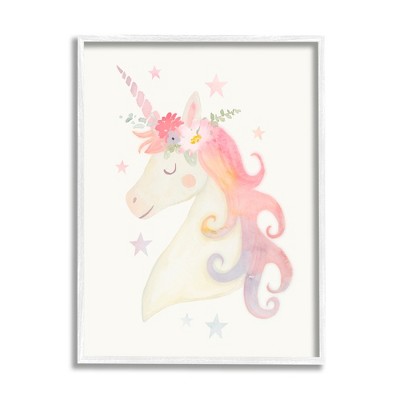Stupell Industries Charming Unicorn Smiling Flower Crown Stars Design Framed Giclee Art