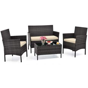 Costway 4 PCS Patio Furniture Set with Washable Cushions and Tempered Glass Coffee Table Beige/Black/Navy/Grey/Turquoise