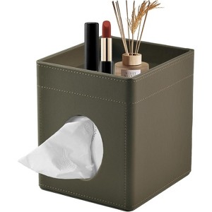 PU Leather Tissue Box Cover with Storage Tray, Square Decorative Organizer for Bathroom Vanity and Office - 1 of 4