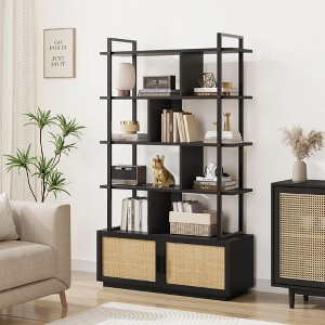 5 Tier Rattan Bookshelf with Storage Cabinet & Door, 71.1 Inch Tall Industrial Book Shelf with Open Display Shelves - 1 of 4