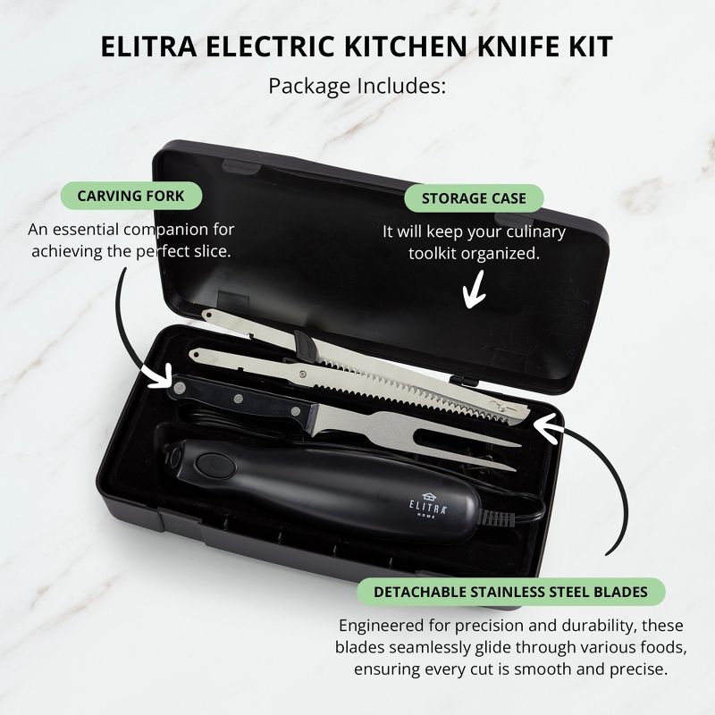 ELITRA HOME Professional Grade Easy Slice Electric Kitchen Knife, Includes Stainless Steel Serrated Blade, Carving Fork, and Storage Case, 4 of 9