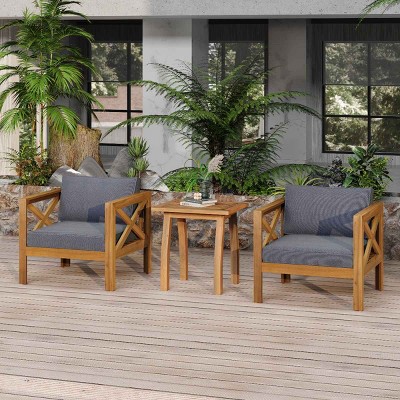 3 PCS Patio Conversation Set, 2 Club Chairs and 1 Square Coffee Table, Acacia Wood Frame Chairs with Polyester Cushion-Coolbibila