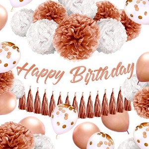 EpiqueOne Rose Gold Birthday Decorations - Set Includes Banner, Tassels, Pompoms, Confetti Balloons - Champagne Pink Decorations - 1 of 4