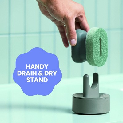 Brite by Scotch-Brite Fillable Palm Scrubber Dish Sponge with Built-in Soap Dispenser and Drain + Dry Stand