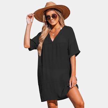 Women's Black Drop Shoulder Short Sleeve Mini Cover-Up Dress - Cupshe