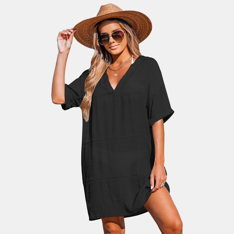 Women's Black Drop Shoulder Short Sleeve Mini Cover-Up Dress - Cupshe, 1 of 6