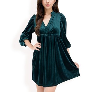Anna-Kaci Women's Velvet Dress with V-Neck and Long Sleeves - 1 of 4