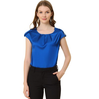 Allegra K Women's Satin Cap Sleeve Pleated Casual Work Office Blouse