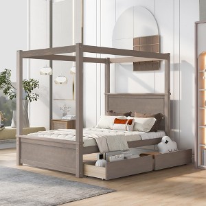 Wooden Canopy Bed With Headboard Footboard 8 Wood Slat Support Space Saving Heavy Duty Platform Beds - 1 of 4