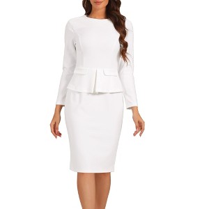 Allegra K Women's Round Neck Bracelet Sleeve Peplum High Waist Work Office Pencil Dress - 1 of 4