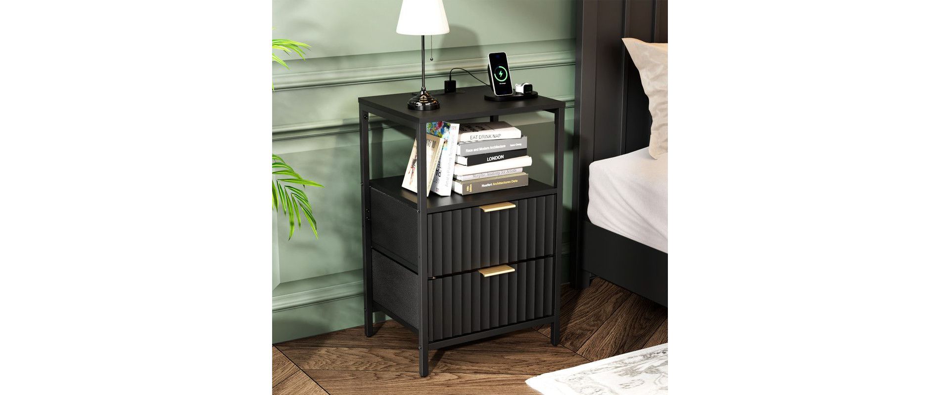 Karl Home 15 Inches Wide Nightstand - 2 Drawers, 1 Shelf, US Power Outlet