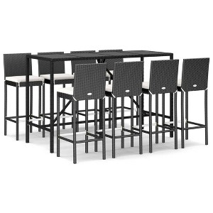 vidaXL Patio Bar Set Outdoor Table and Chair Set with Cushions Poly Rattan - Black 70.9" Table Length 8 Pieces - 1 of 4