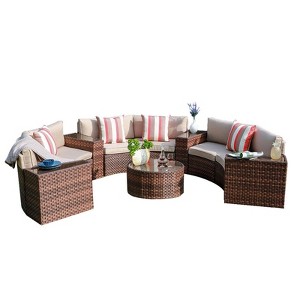 Sunsitt 11pc Outdoor Patio Half Moon Wicker Sofa with 4 Side Table and Pillows Brown - 1 of 4