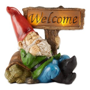 7.5" Resin Sleeping Gnome Welcome Solar Statue Green/Red/Blue - Zingz & Thingz: Outdoor Garden Decor, Pathway Light - 1 of 4