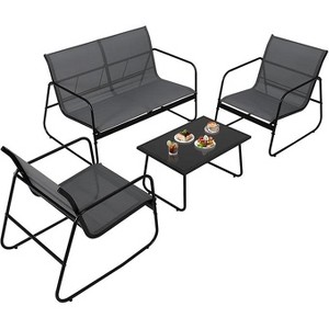 4 Pieces Patio Furniture Set Outdoor Conversation Set With Glass Coffee Table Textilene Fabric Loveseat and 2 Single Chairs for Backyard - 1 of 4