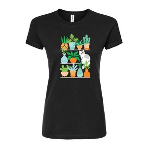 Women's - Instant Message - Succulents Cat on Shelves Fitted Graphic T-Shirt - 1 of 4