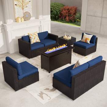 8pc Steel & Wicker Outdoor Fire Pit Set with Cushions Blue - Captiva Designs
