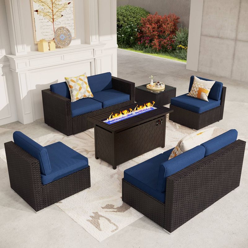 8pc Steel &#38; Wicker Outdoor Fire Pit Set with Cushions Blue - Captiva Designs, 1 of 13