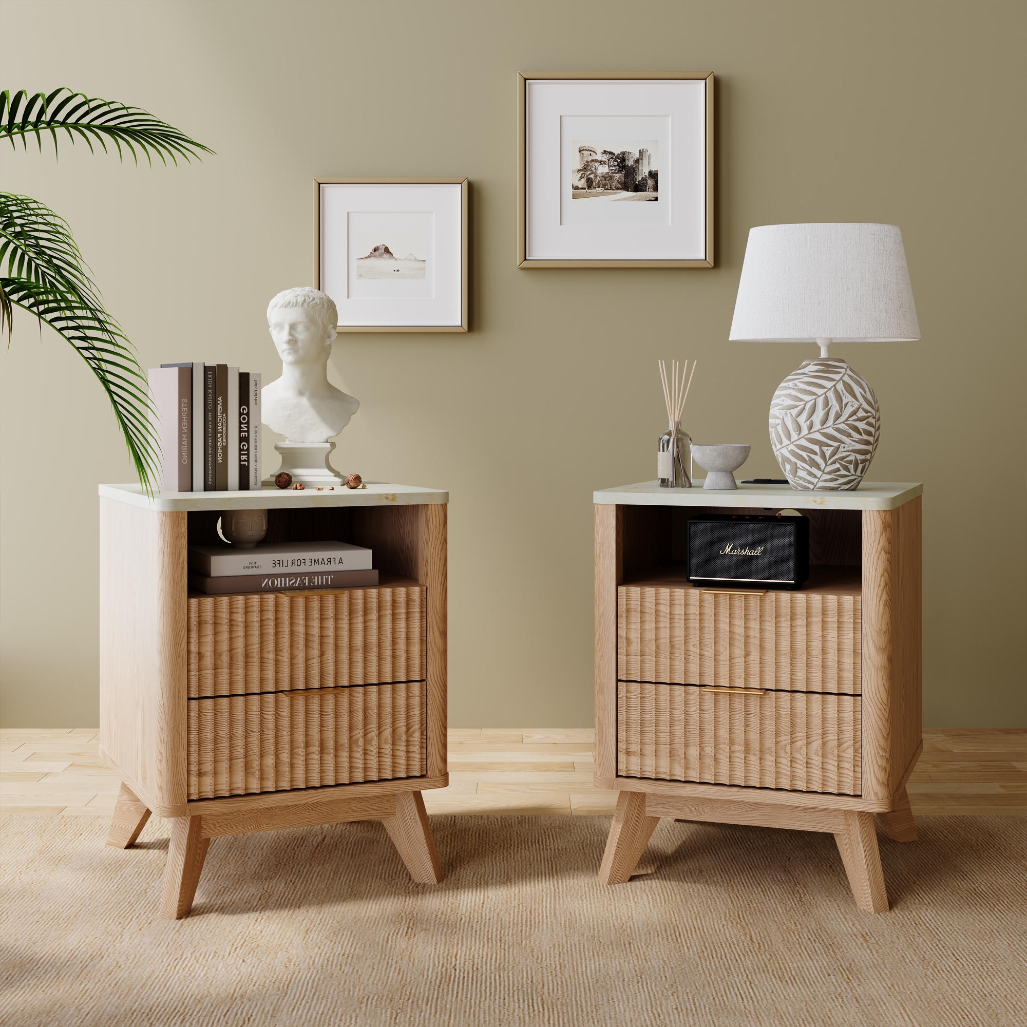 Nightstand Set of 2, Modern Fluted End Table with Charging Station