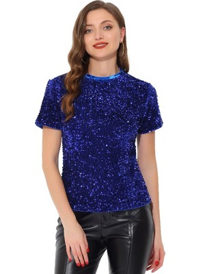 INSPIRE CHIC Women's Sequin Velvet Crew Neck Short Sleeve T-shirt