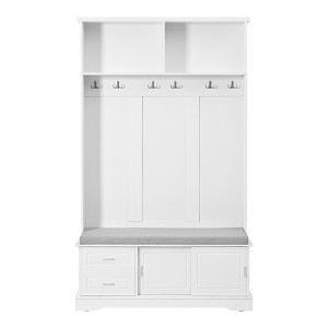 TiramisuBest Modern Hall Tree with Sliding Doors, Top Shelf, Storage Bench, 5 Hooks for Entryway, White - 1 of 4
