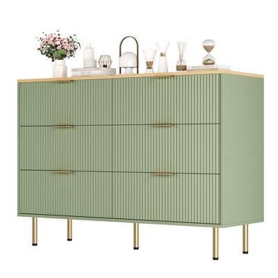 Fluted Wood Dresser 6 Drawers Dresser for Bedroom, Large Modern Chest of Drawers, Brown Dresser