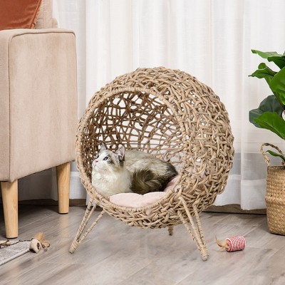 LOVMOR Handwoven Elevated Cat Bed with Soft Cushion&Cat Egg Chair Shape, Cat Basket Bed Kitty House w/ Stand, Raised Wicker Cat Bed for Indoor Cats