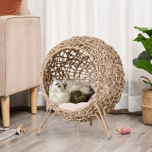 LOVMOR Handwoven Elevated Cat Bed with Soft Cushion&Cat Egg Chair Shape, Cat Basket Bed Kitty House w/ Stand, Raised Wicker Cat Bed for Indoor Cats - 1 of 4