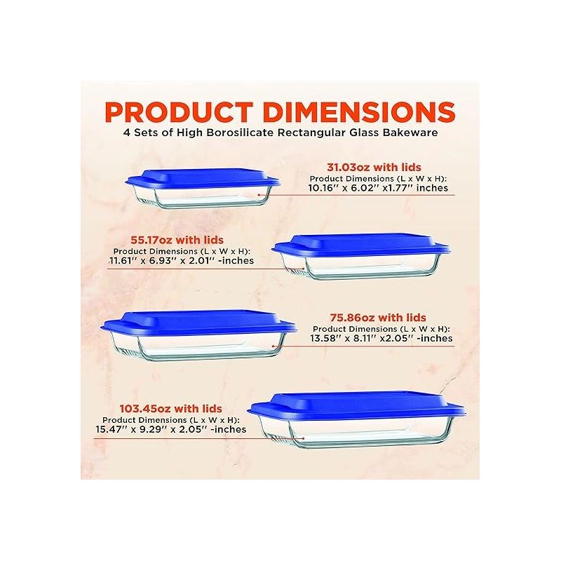 SereneLife Rectangular Glass Bakeware Set - 4 Sets of High Borosilicate with PE Lid, Heat-Resistant, Blue, 2 of 8