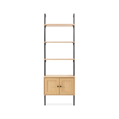 Light Oak and Black Wall-Mounted Ladder Bookcase with Cabinet