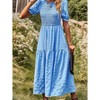 Womens Summer Puff Short Sleeve Maxi Dress Square Neck Smocked Tiered Ruffle A Line Long Flowy Beach Dresses - 4 of 4