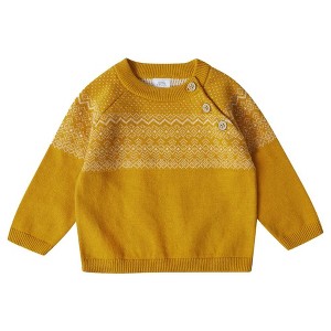Stellou & Friends 100% Cotton Jacquard Design Baby Long Sleeve Crew Neck Sweater w/ Shoulder Buttons  - 9-12 Months / Mustard with White - 1 of 4