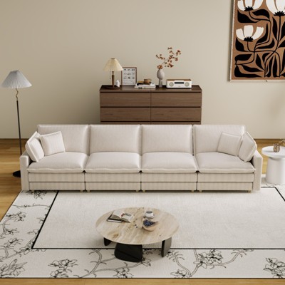 4-Seater Sectional Sofa with Deep Seating 4 Pillows Corduroy Serpentine Springs Solid Wood Frame And Removable Footstool for Living Rooms